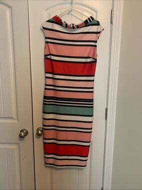 New York & Company Pink, Red & Mint Striped Midi Sheath Dress